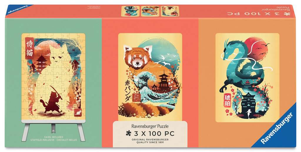 Puzzles Adultes 100 pièces - Chat, panda roux et dragon Ukyio-E